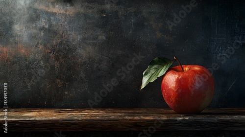 A single ripe red with a leaf sits on a rustic wooden surface against a dark textured background providing ample copy space for academic achievement announcements or related