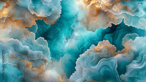 An intricate and luminous psychedelic digital artwork, layered with swirling vortexes of cyan and bronze