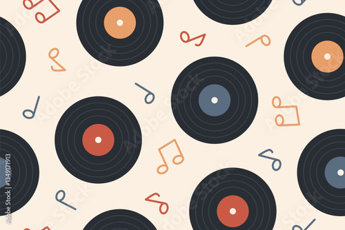seamless pattern with music notes and vinyl records- vector illustration
