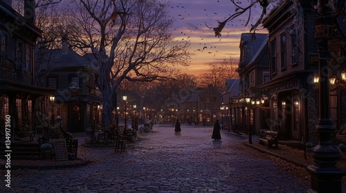 Sleepy hollow town square at dusk, cobblestone streets, dim lanterns, eerie silence, cloaked figures walking in the distance, orange and purple sky
