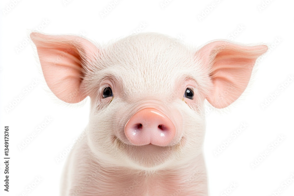 Fototapeta premium Smiling piglet with bright eyes and soft fur against a white background looking cheerful and playful