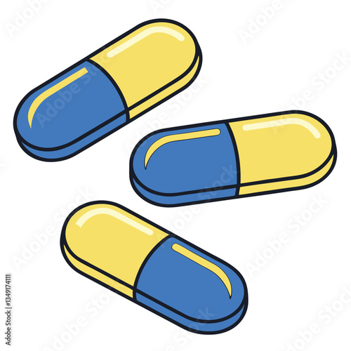 3d blue and yellow medical pills oval capsule.