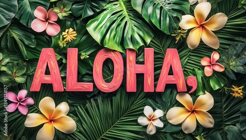 Aloha Floral Lettering, Tropical Flowers And Leaves Arrangement, Bright Colors, Studio Shot