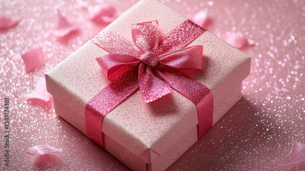 Fototapeta premium Pink gift box with minimalist ribbon design, placed in the center of a glossy pink background, ultra-clean aesthetics