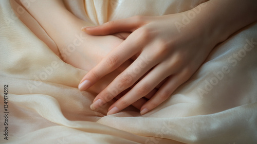 Elegant Close-Up of Soft Hands Resting Gracefully on Silky Fabric, Capturing Serenity and Beauty in a Minimalistic Style, Perfect for Various Design Projects