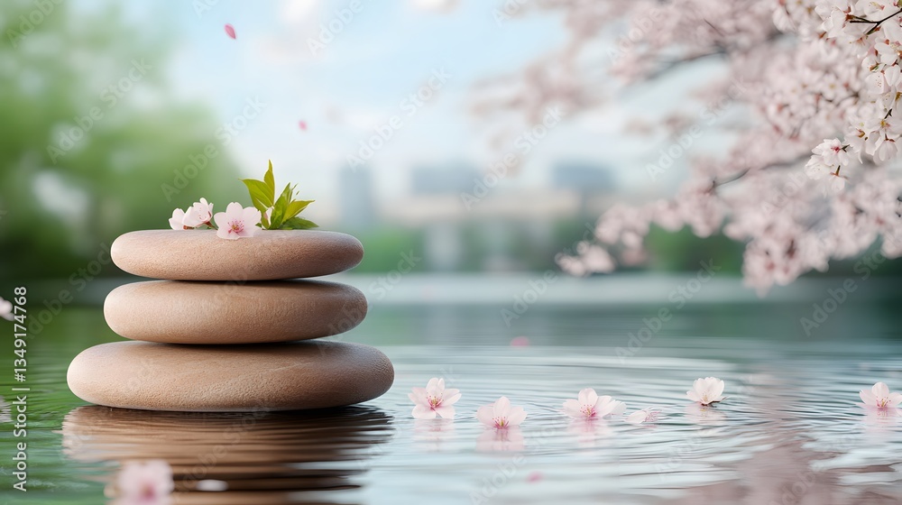 A podium made of smooth river stones, set beside a flowing stream with cherry blossom petals floating on the water.