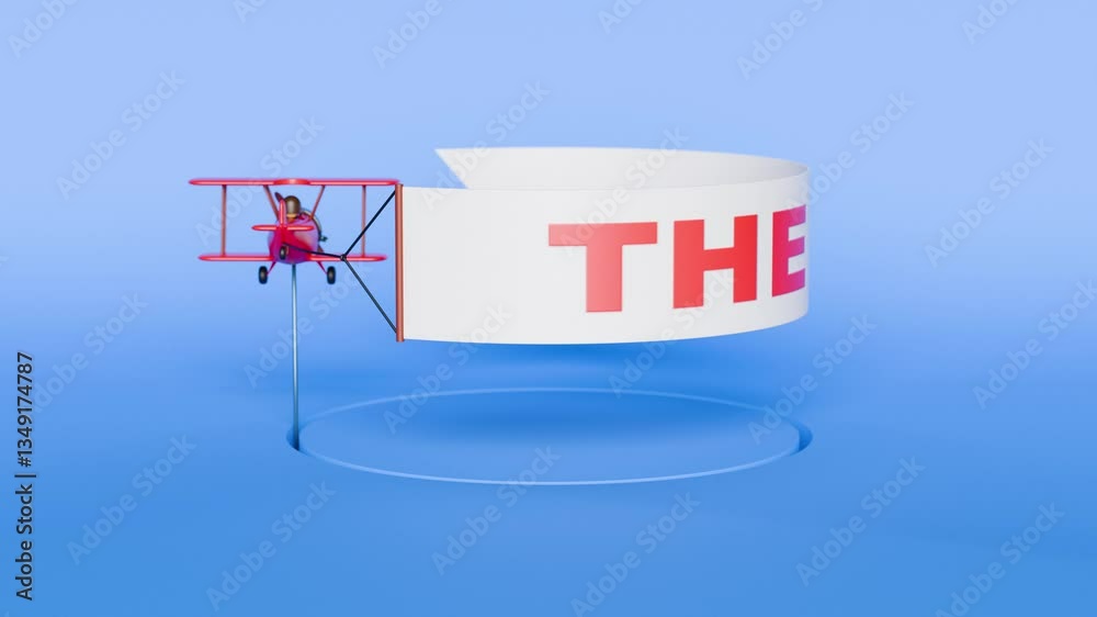 Cute red biplane dragging sky banner with words The End on it