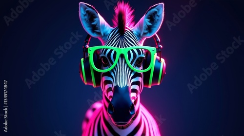 Vibrant zebra with neon headphones and glasses, set against a dark background. Ideal for music, fashion, and animal-themed designs, adding a modern, playful touch.
