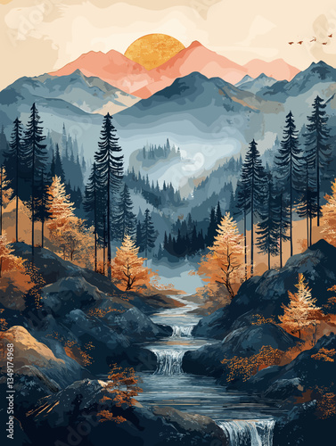 A picturesque mountain landscape with a flowing river and autumn trees, evoking tranquility, nature, and wilderness exploration