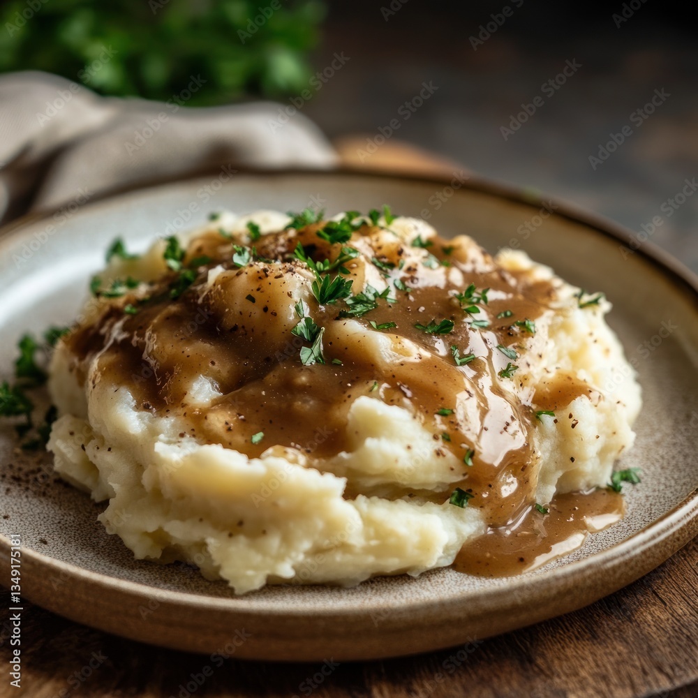 Creamy mashed potatoes topped with savory gravy Creamy mashed potatoes topped with savory gravy