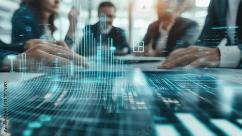 Business team analyzing financial data projected on a futuristic interactive touchscreen interface, working together using innovative technology for investment strategy and market analysis
