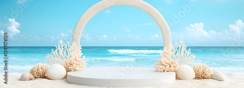 A podium made of coral and seashells, placed on a serene beach with gentle ocean waves rolling in