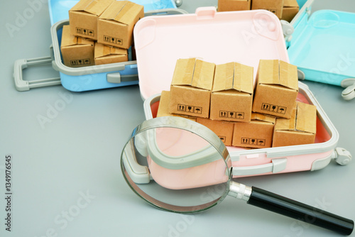 Carton boxes inside travel suitcases under magnifying glass.