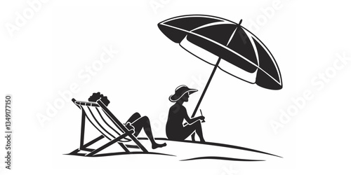 A person sitting under a beach umbrella, enjoying the tranquil ocean view, embodying peaceful retreats, tropical relaxation, and warm summer moments