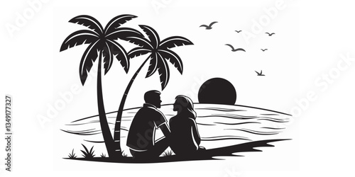 A dreamy tropical island scene with a couple sitting under palm trees, gazing at the ocean and the setting sun, reflecting peace, love, and nature’s beauty