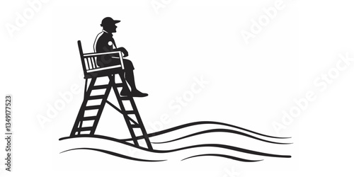A lifeguard seated on a tall wooden chair, attentively scanning the beach for safety, portraying responsibility, dedication, and the essence of coastal security.
