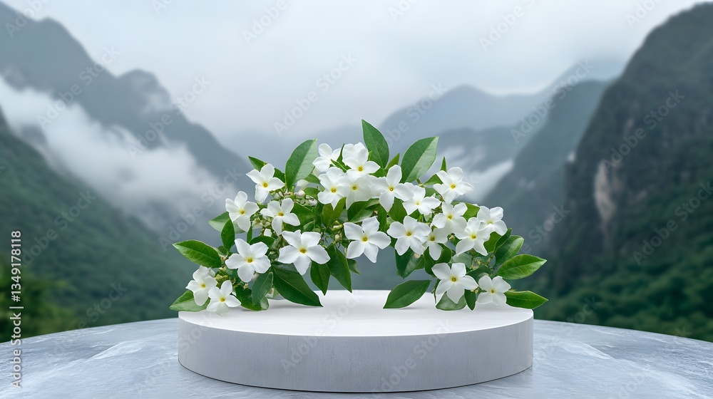 A podium covered in delicate white jasmine flowers, placed in a foggy mountain valley.