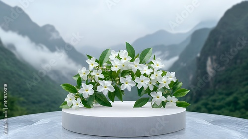 Obraz na płótnie A podium covered in delicate white jasmine flowers, placed in a foggy mountain valley. w salonie