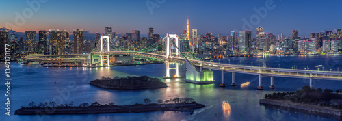 Tokyo skyline panorama at night with view of Rainbow Bridge and Tokyo Tower