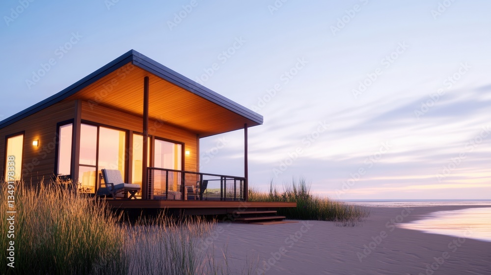 Obraz premium A modern beach house at sunset, surrounded by grass, featuring large windows and a cozy deck overlooking the ocean, sustainable living lifestyle.