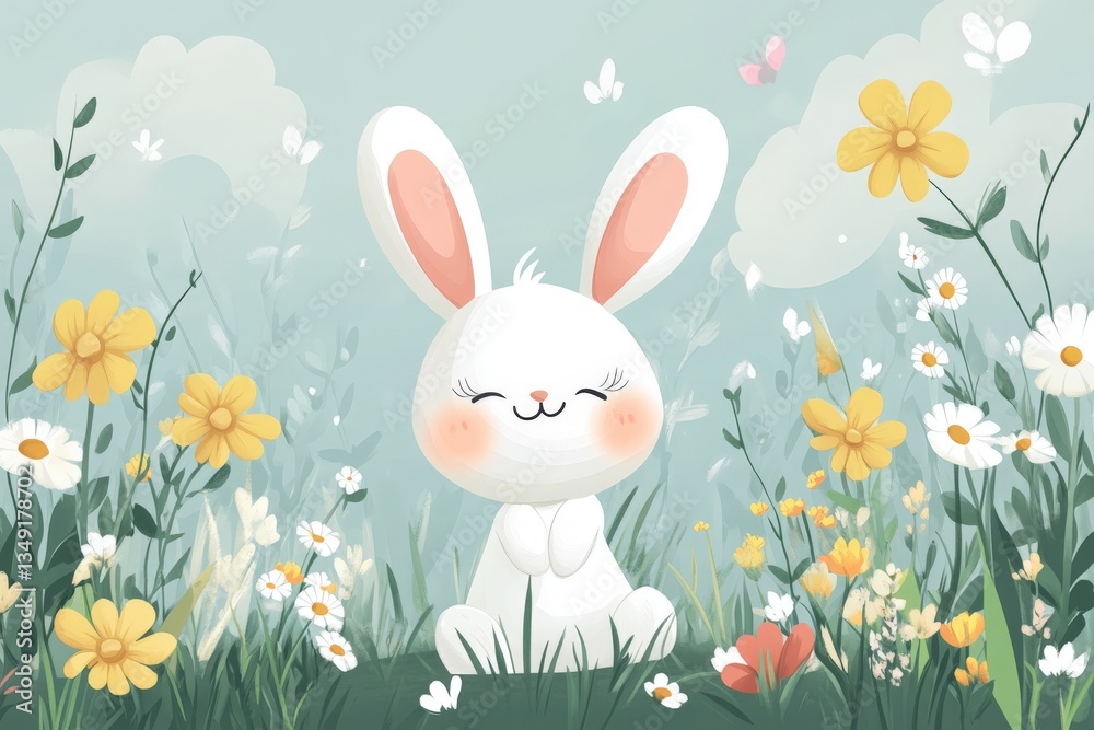 Cute rabbit sitting among colorful flowers in a serene meadow on a sunny day