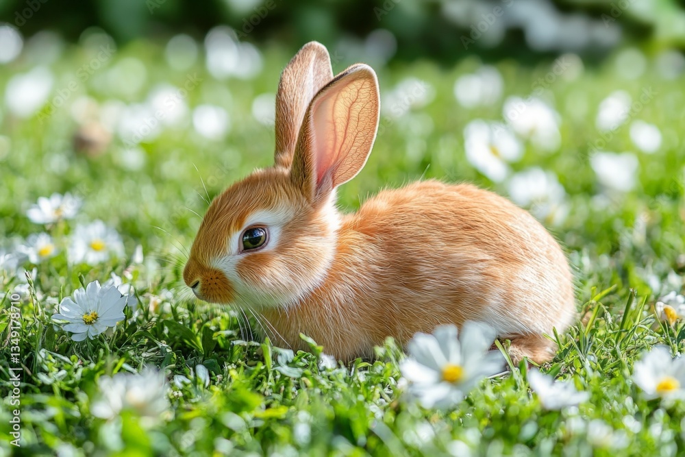 Fototapeta premium Small brown bunny exploring a garden filled with white flowers during a sunny day in spring