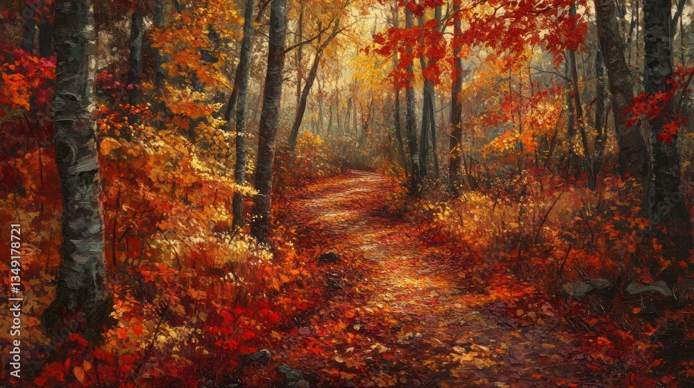 Autumn forest path, vibrant fall foliage, sunlit trail, scenic landscape, perfect for wallpapers or nature-themed prints Autumn forest path, vibrant fall foliage, sunlit trail, scenic landscape, perfect for wallpapers or nature-themed prints