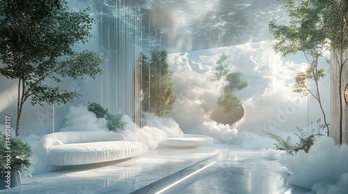 Generative AI  luxurious biophilic interior space featuring surreal elements, natural integration, ambient lighting, and sculptural organic furniture that blend boundaries. 