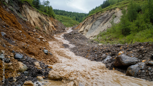 Flowing Water During Rainy Weather Over Eroded Soil in Hilly Landscape Showing Natural Erosion and Stream Formation in Environmental Change Context