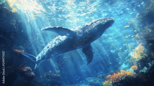 Majestic Humpback Whale's Underwater Journey: The colossal humpback whale gracefully glides through the deep, revealing the mysterious beauty of the ocean, bathed in ethereal sunlight.