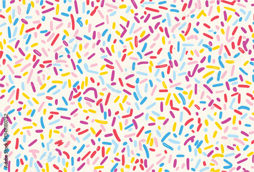 Colorful sprinkles seamless pattern on a white background, flat lay, vector illustration. Background with confetti texture for the design and decoration of a birthday party or festival.