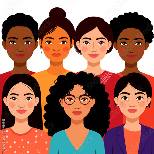 Diverse group of women of various nationalities, cultures, and skin tones. Flat design cartoon characters with unique hairstyles. Vector illustration on white background.