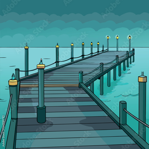 Fog covered piers accented by soothing teal light 