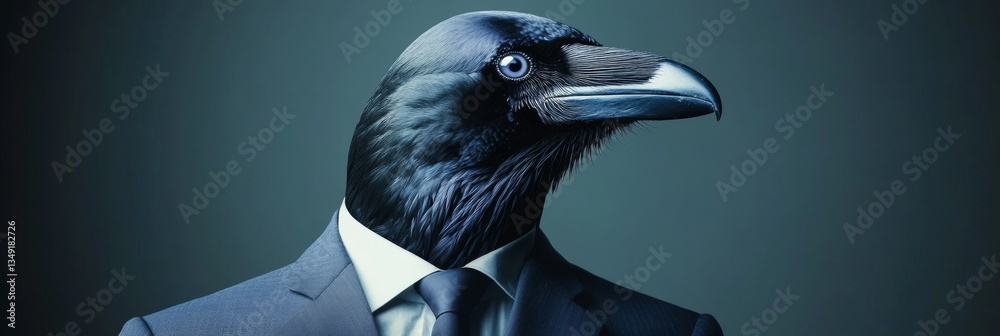 Fototapeta premium Raven in Business Suit Conceptual Portrait on Darkness, Highlighting Anthropomorphism, Uniqueness