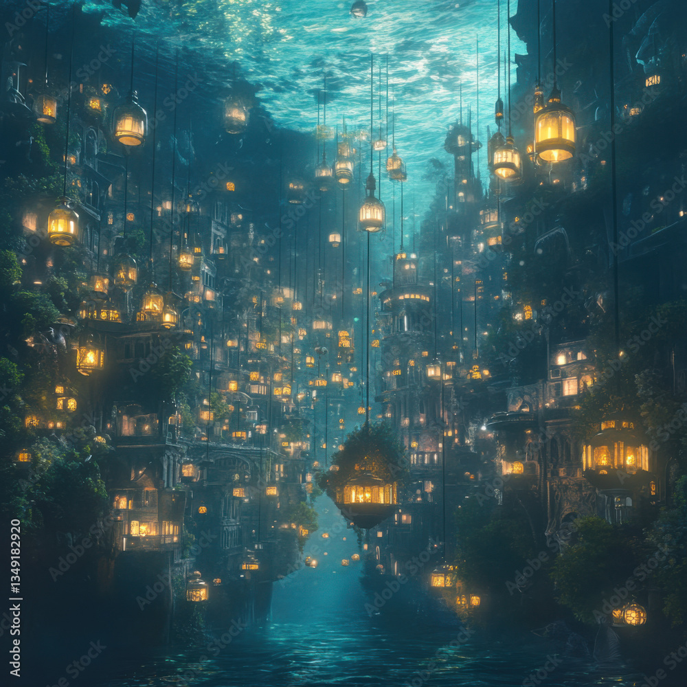 Fototapeta premium Enchanting Underwater Cityscape Illuminated by Lanterns, Surrounded by Lush Greenery and Mystical Atmosphere, Ideal for Fantasy Art Enthusiasts and Dreamy Illustrations