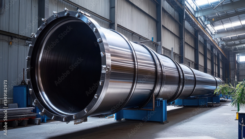 Fototapeta premium Large stainless steel heat exchanger is prominently displayed in a modern manufacturing facility, highlighting industrial design and engineering. Sunlight streams through windows
