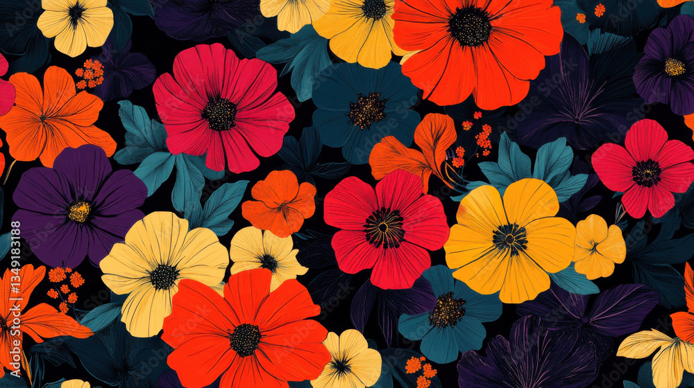 Vibrant Floral Pattern Featuring a Diverse Array of Colorful Flowers on a Dark Background, Perfect for Wallpapers, Textiles, and Creative Projects Vibrant Floral Pattern Featuring a Diverse Array of Colorful Flowers on a Dark Background, Perfect for Wallpapers, Textiles, and Creative Projects