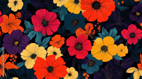 Vibrant Floral Pattern Featuring a Diverse Array of Colorful Flowers on a Dark Background, Perfect for Wallpapers, Textiles, and Creative Projects