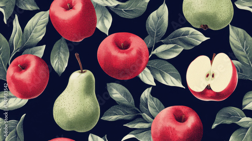 Vibrant Pattern of Red Apples and Green Pears on Dark Background Ideal for Culinary Design and Fresh Produce Themes