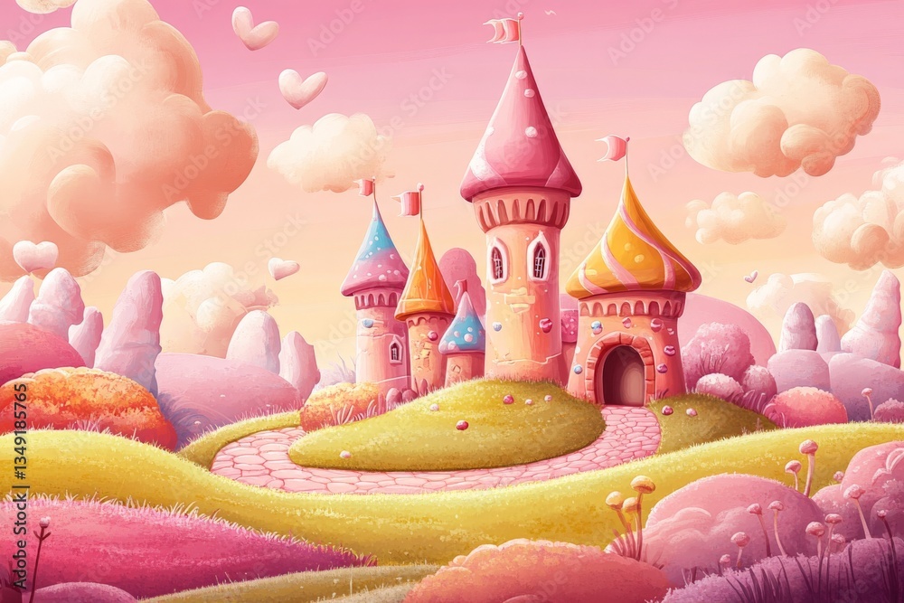 Fototapeta premium Colorful fairy tale castle nestled in a whimsical landscape with pink skies and fluffy clouds