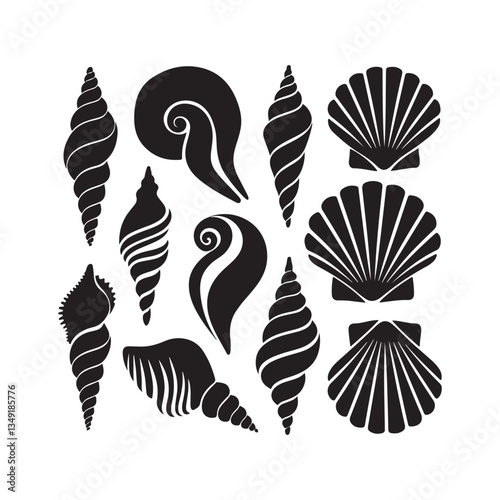 Circular Collection of Seashell Silhouettes – Assorted Marine Shell Shapes in Black and White for Nautical, Coastal, and Ocean-Inspired Design Elements