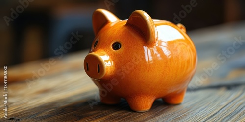 Ceramic orange piggy bank on wooden table capturing attention in a cozy indoor setting