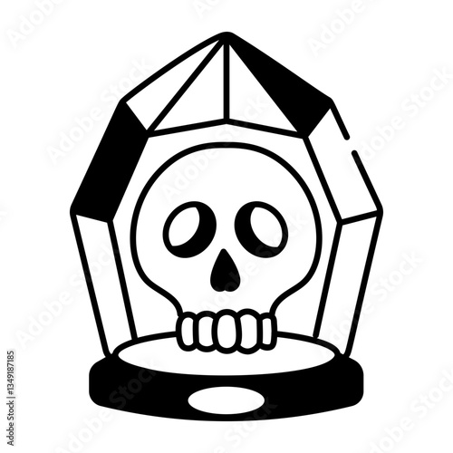Doodle style icon depicting a crystal skull artefact 
