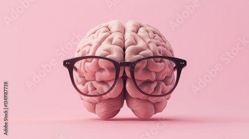 Brain wearing glasses on pink background representing intelligence and creativity