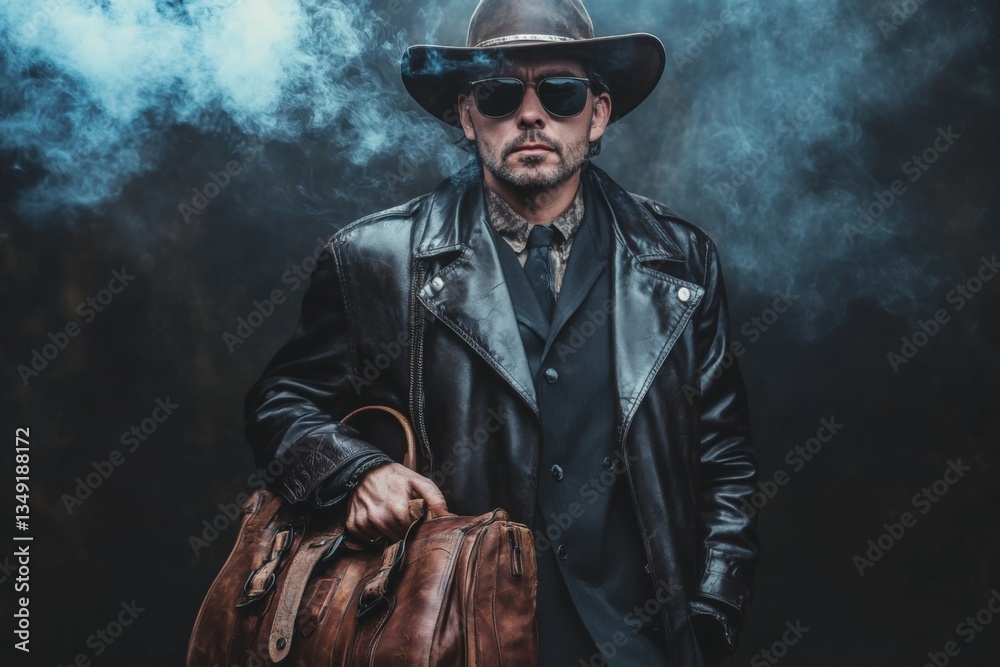 Fototapeta premium Stylish man in leather jacket with sunglasses poses confidently in a smoky environment during nighttime