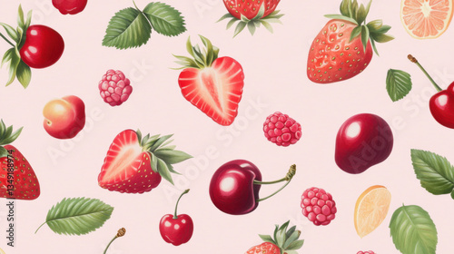Vibrant Collection of Fresh Fruits on Soft Pink Background, Showcasing Strawberries, Cherries, Raspberries, Lemons, and Other Delicious Fruits for Culinary and Design Projects