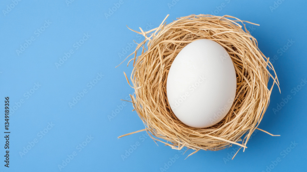 Duck farm, A white egg nestled in a straw nest against a blue background, symbolizing new beginnings or nature. Duck farm, A white egg nestled in a straw nest against a blue background, symbolizing new beginnings or nature.