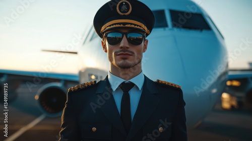 Confident Male Pilot in Sunglasses Standing Near Airplane, Exuding Professionalism and Authority on Airport Runway at Sunset, Capturing the Essence of Aviation Pride and Achievement
