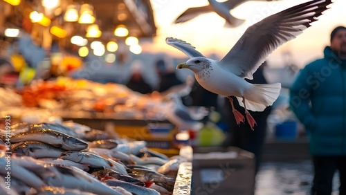 A bustling fish market at sunset, with fresh seafood displayed and a seagull flying above. Concept Vibrant Fish Market, Sunset Ambiance, Fresh Seafood Display, Seagull in Flight, Bustling Atmosphere