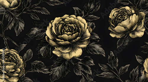  Elegant Gold Floral Pattern on Black Background - Luxury Art Design